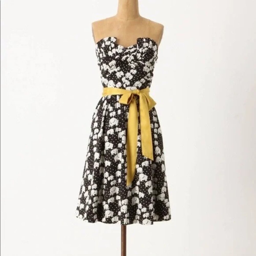 Anthropologie Porridge Cirque Strapless Elephant Print Dress | Mustard Sash